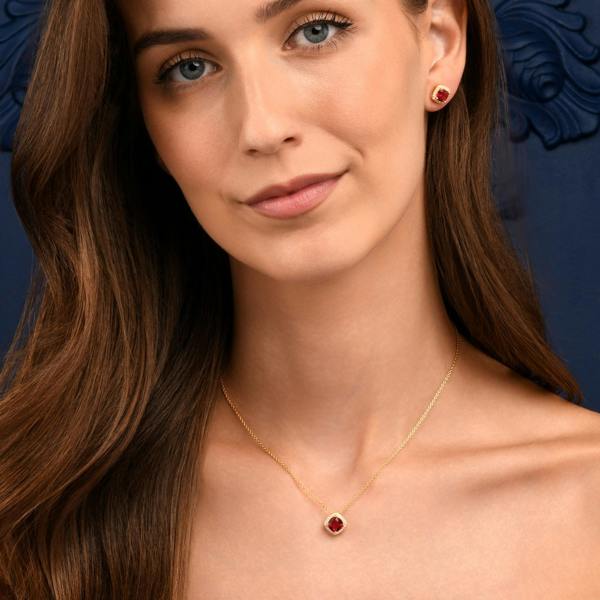 namana Gold Plated Sterling Silver Red Cubic Zirconia Cushion Halo Pendant Necklace