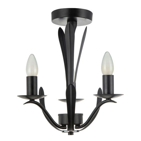 Traditional 3-Arm Ceiling Light in Matte Black with Metal Leaves Image 1