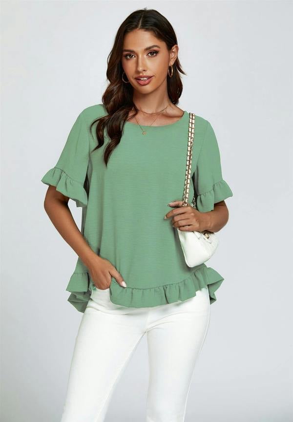FS Collection Frill Detail Short Sleeves Top In Light Green