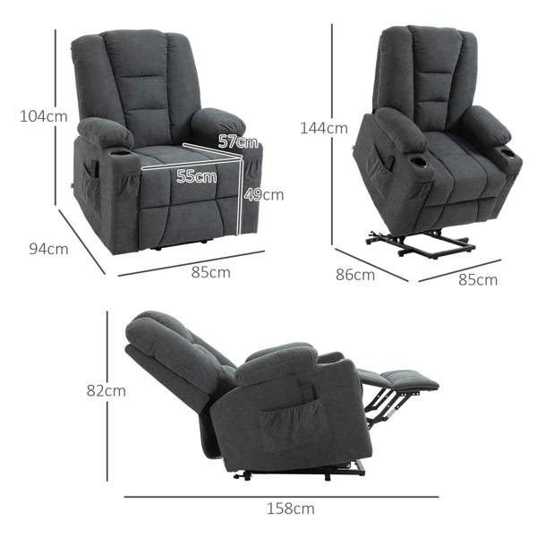 Charcoal dark gray electric recliner armchair with size dimensions shown