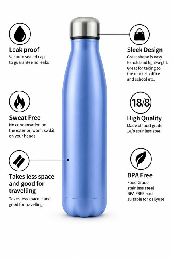 Dyzi 500ml Stainless Steel Water Bottle Leak Proof BPA Free Blue