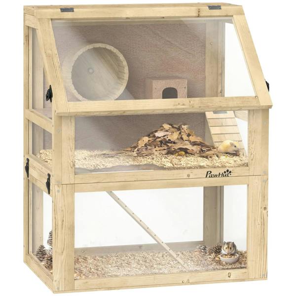 Natural wooden hamster cage with wheel, ramp, and hideout (60x40x75cm)