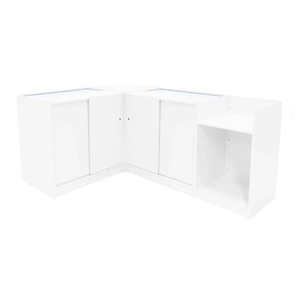 Astro LED Shop Counter Set in sleek white, featuring smooth surfaces, modern design, and ample storage with cabinets and open shelving