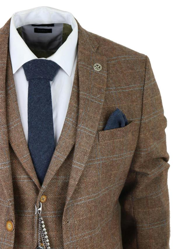 TruClothing Mens 3 Piece Wool Suit Oak Brown Tweed Herringbone Check Peaky Blinders Gatsby
