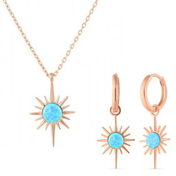 Spero London Blue Opal Northernstar Drop Hoop Earrings & Necklace Set in Sterling Silver