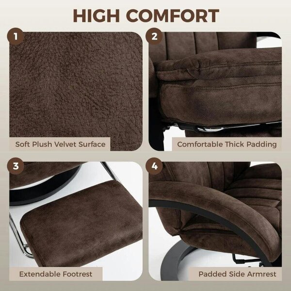 Swivel Recliner Chair, Velvet Recliner Armchair with Retractable Footrest, Dual-Layer Cushion, High Back, Dark Brown