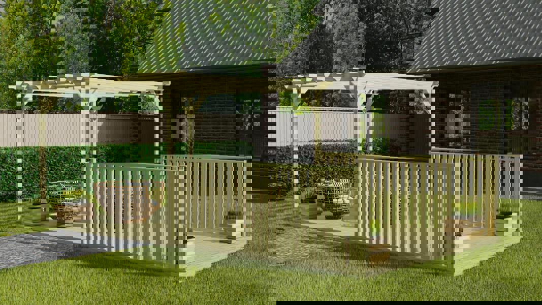 Rectangular pergola and decking kit with balustrade, made from pressure treated timber and high quality pergola posts, featuring a raised wooden deck, vertical slatted balustrade, and an open pergola roof frame.