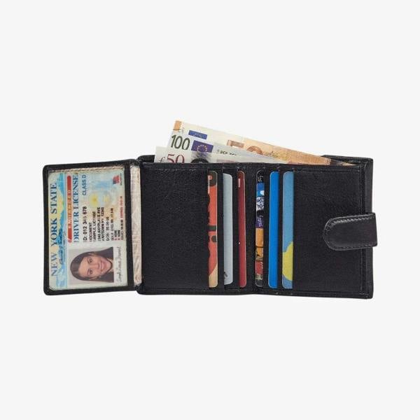 Compact black ladies leather wallet with press stud closure