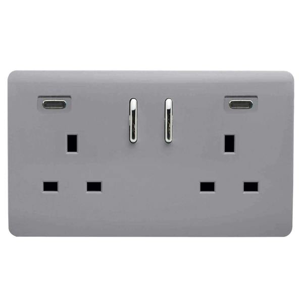Trendi Switch 2 Gang USB 65W Type C USB Plug Socket in Platinum Silver
