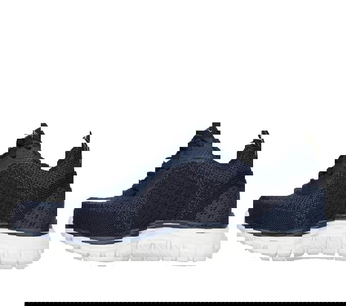 Skechers Track Glendor Mens Lace Up Gym Memory Foam Sport Trainers, navy blue athletic shoes with breathable knit upper and cushioned white sole.