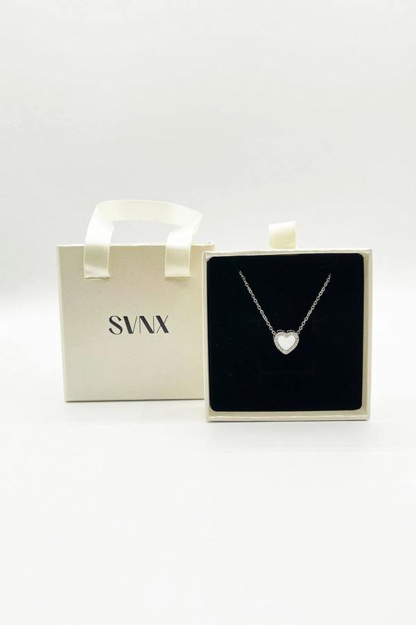 SVNX Diamante & Seashell Heart Necklace in Silver - Gift Boxed