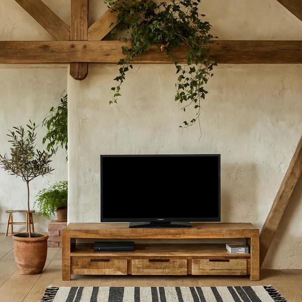 Wyld Haus London Natural Mango Wood Large TV Cabinet with 3 Drawers and 1 Shelf