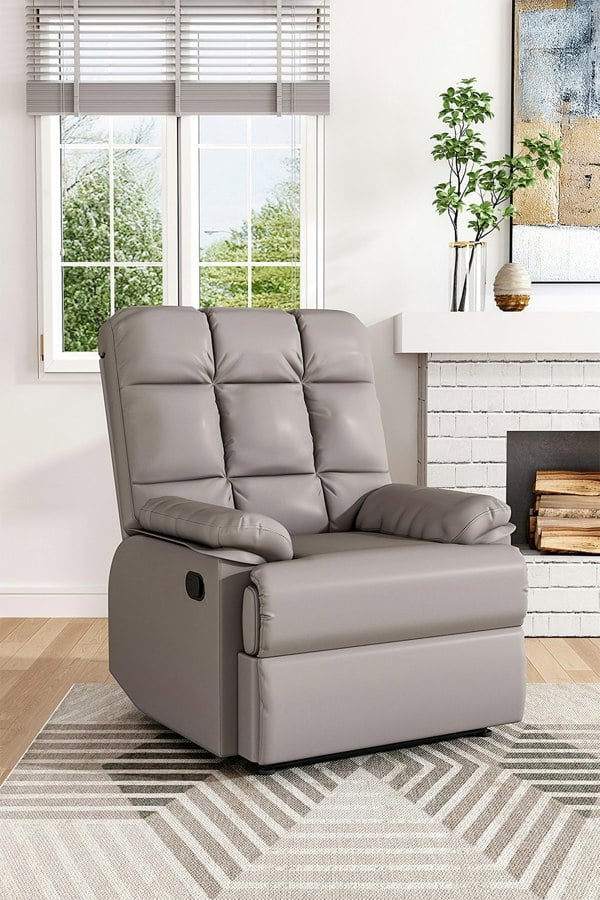 Living and Home Khaki Checkered Faux Leather Upholstered Recliner Armchair