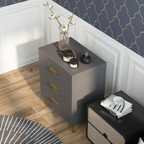 Wyld Haus Momase Tall Wooden Grey And Gold Tone 3 Drawer Embossed Bedside Table