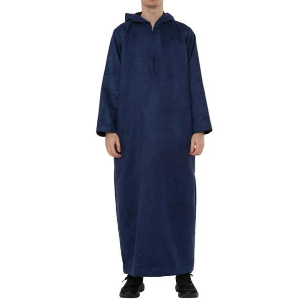 HM12 - Men's Hooded Suede Emirati Omani Zipped Thobe - Navy - Thobez - 36