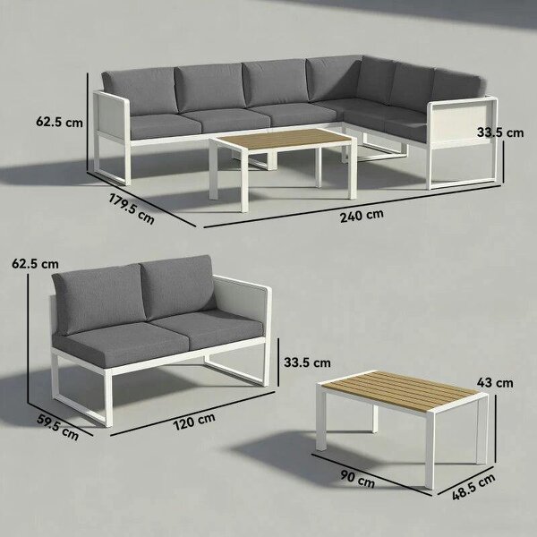 6 Seater Metal Garden Furniture Corner Sofa Set with 3 Loveseats, Faux Wood Table, Texteline Seat, Cushions, White