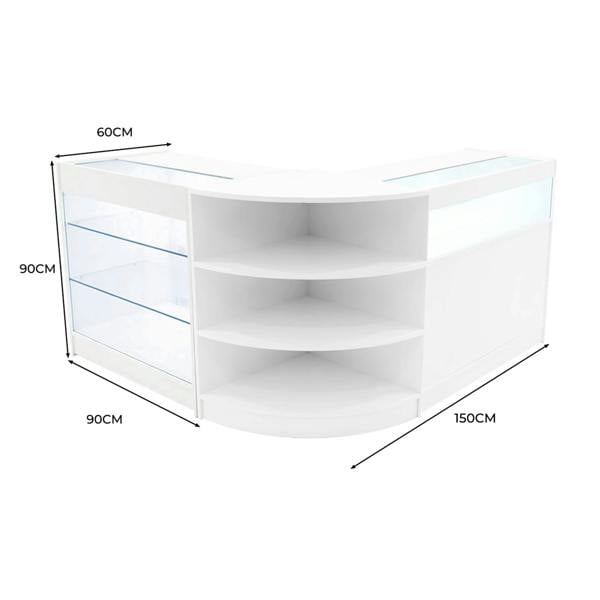 Curved white LED shop counter set featuring glass shelves, sleek design, and dimensions of 150cm x 90cm x 60cm for retail display