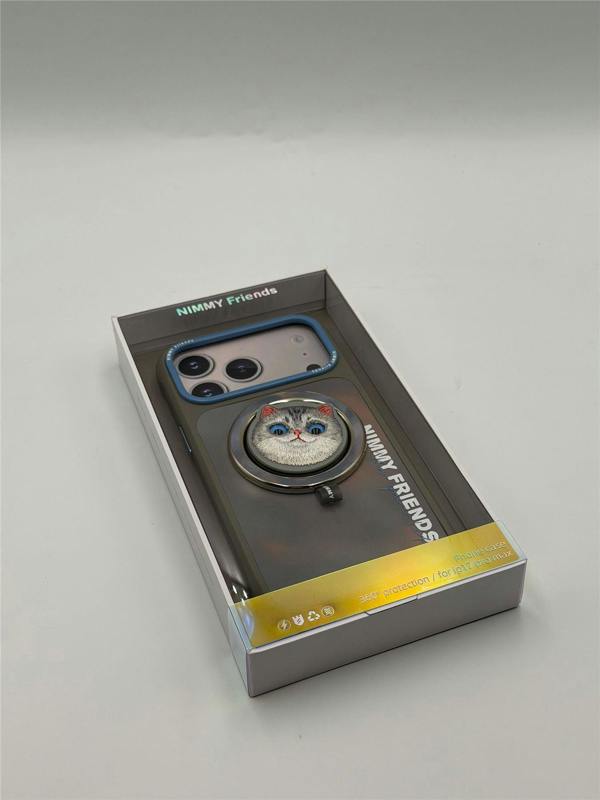 Nimmy Friends Nimmy Big Eye Cute Pet Silver Shaded Cat Face Case with Detachable MagSafe Grip for iPhone 17 Pro Max 6.9" Grey Blue