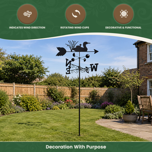 Swimming Ducks Weathervane, All-Steel Black Painted Weather Vane With Wall Fixings and 1.7m Ground Spike, Wind Speed Cups