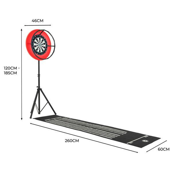 Dart board set with LED surround, featuring a vibrant red frame, adjustable stand, and a black mat with scoring lines for accurate play