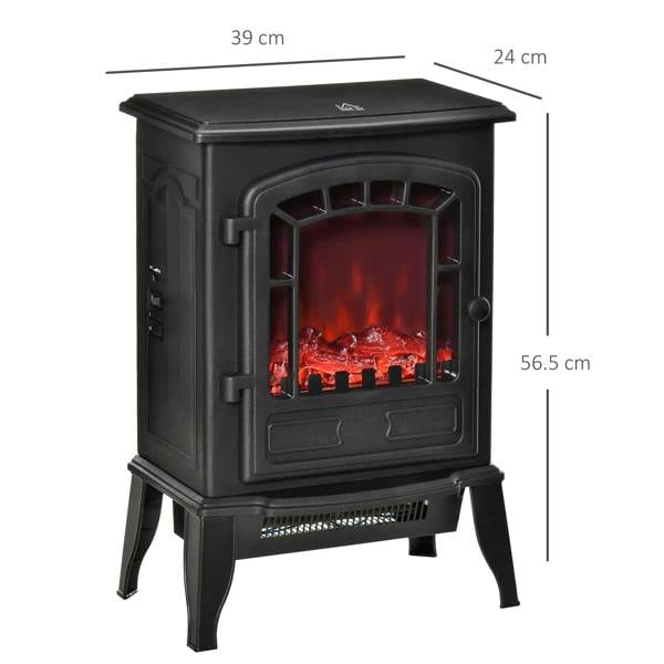 Black electric fireplace stove front view with red flame effect and side handle