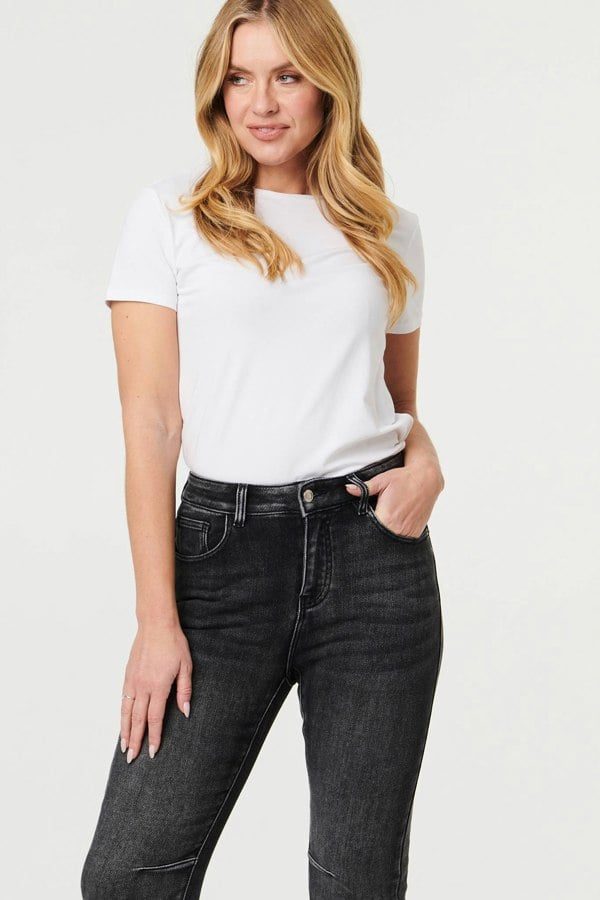 Black | High Waist Washed Texture Slim Jeans
