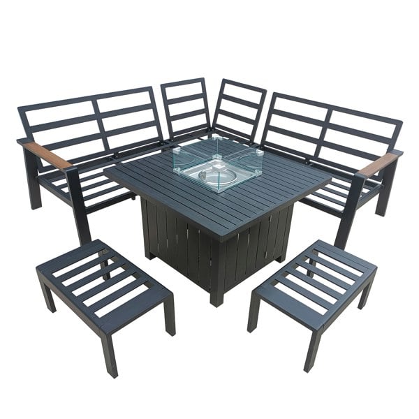 Furniture One Garden Furniture 7 Seater Set, Aluminium Patio Corner Sofa with Firepit Table, Stools & Soft Cushions