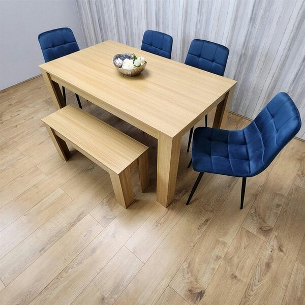 Kosy Koala Wooden Dining Table Set for 6 Oak Effect Table With 4 Blue Velvet Chairs and 1 Bench
