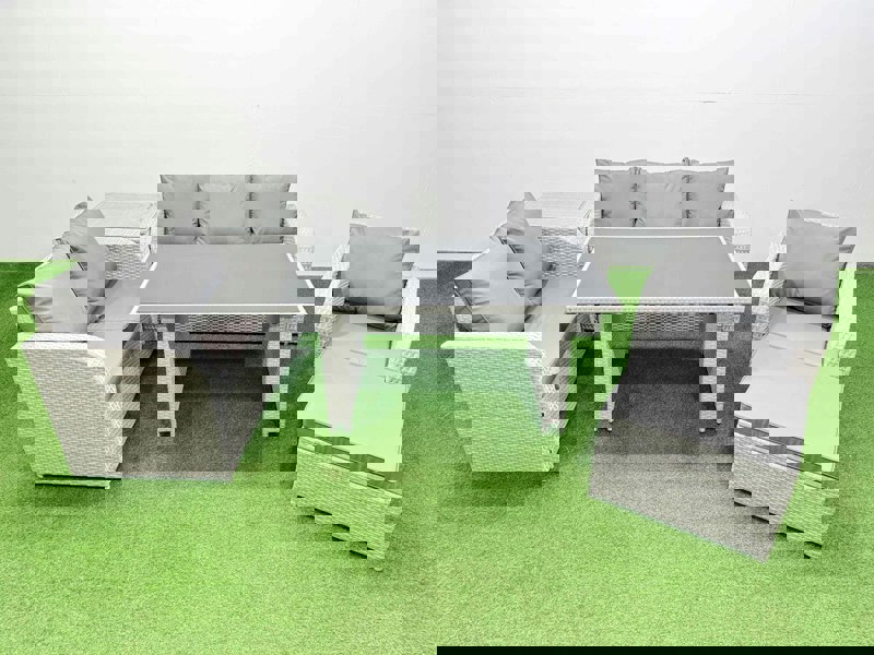 Fimous Rattan Outdoor Table Reclining Chair Sofa Set with Side Table Big Stool Light Grey 7 Seater