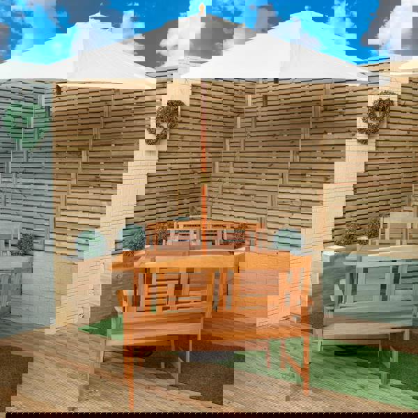 Samuel Alexander Outdoor 4 Person Folding Rectangular Wooden Garden Dining Table Benches Cream Parasol and Base Set