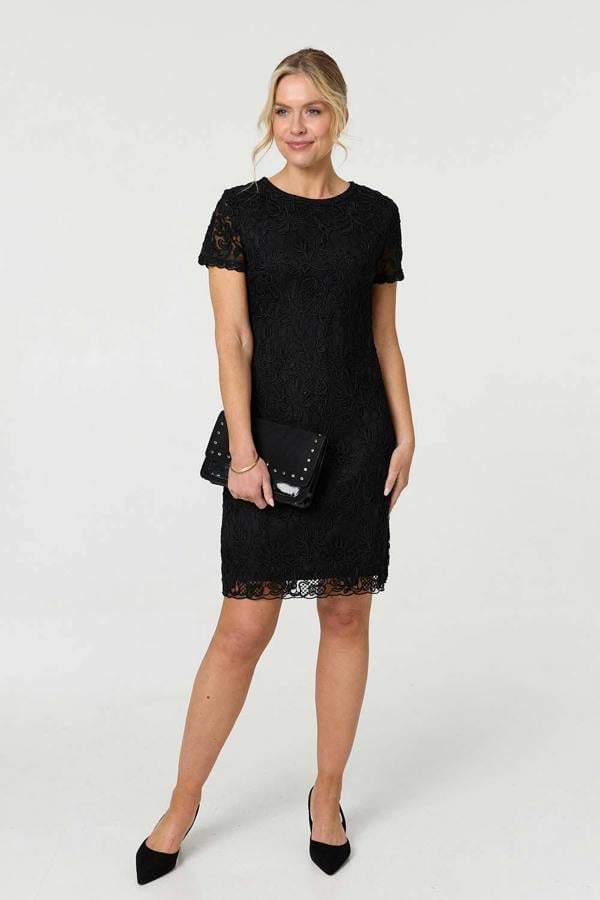 Black | Floral Lace Layer Knee Length Dress
