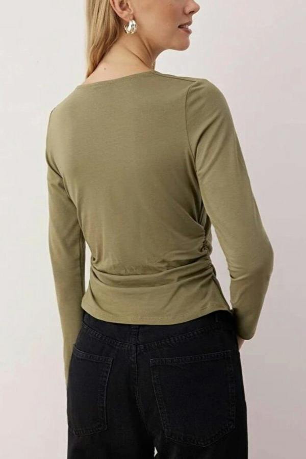 WOVCOR Square Neck Draped Detailed Fitted Knit Blouse