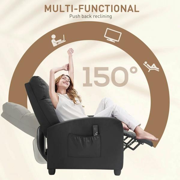 Black push-back recliner massage armchair adjusted for reclining position