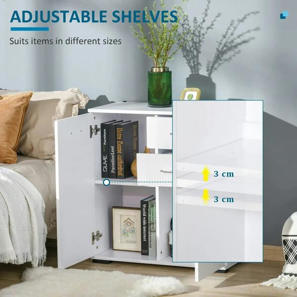 White sideboard cabinet with adjustable shelf height behind open door, 3 cm step