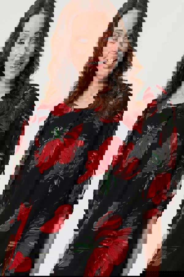 Red | Floral Semi Sheer Puff Sleeve Blouse
