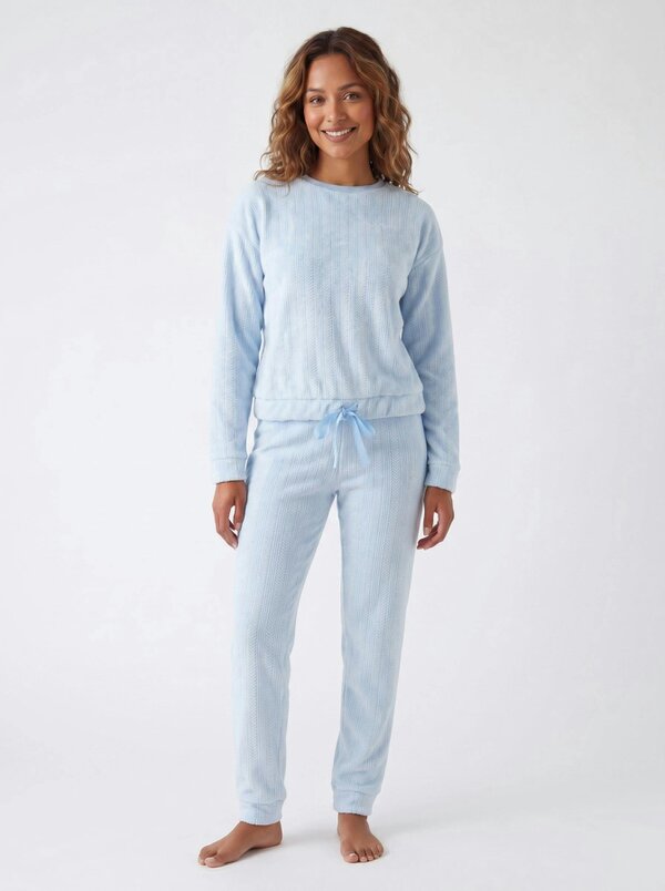 Camille Womens Embossed Flannel Fleece Round Neck 2-Piece Pyjama Set - Light Blue