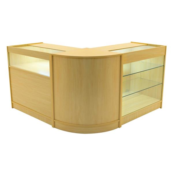 Triton LED Shop Counter Set in maple finish, featuring a sleek curved design, glass display shelves, and built-in lighting for enhanced visibility