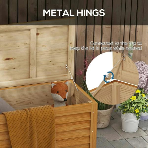 Light brown wooden storage box with metal hinges and lid holding support bar