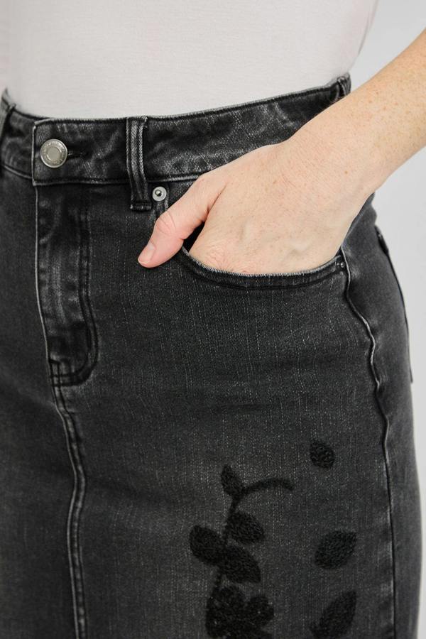 Mudflower Embroidered Floral Washed Black Denim Midi Skirt