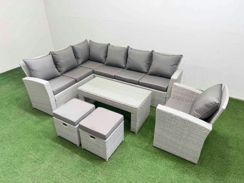 Fimous Rattan Garden Furniture Set Outdoor 9 Seater Corner Sofa Sets with Oblong Coffee Table Chair 2 Small Footstools Light Grey Mixed