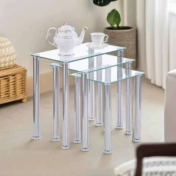 Rafaelo Mobilia Set Of 3 Glass Nesting Tables Silver