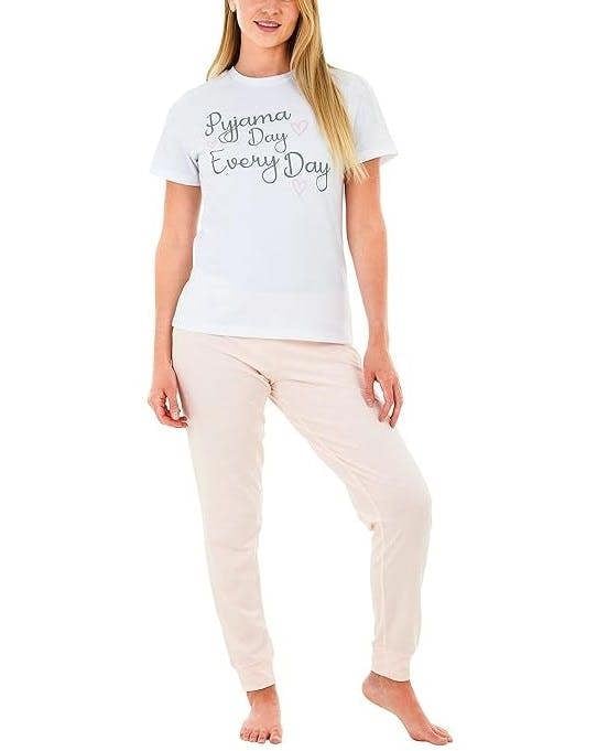 Smart Living Women's Polycotton Tee & Pyjama Set - White/Pink