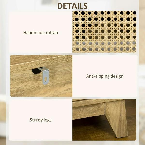 Rattan nightstand details: woven panel cabinet, sturdy legs, anti-tipping design