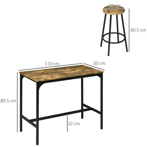 Industrial bar table with black frame and rustic brown top; stool height shown