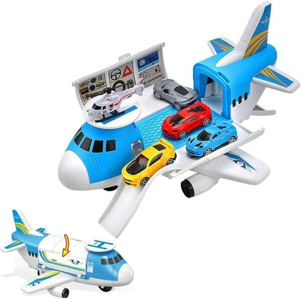 deAO Toys ransport Cargo DIY Plane Car Toy Play Set with Ramp and 4 Mini Car, 1 Helicopter Included