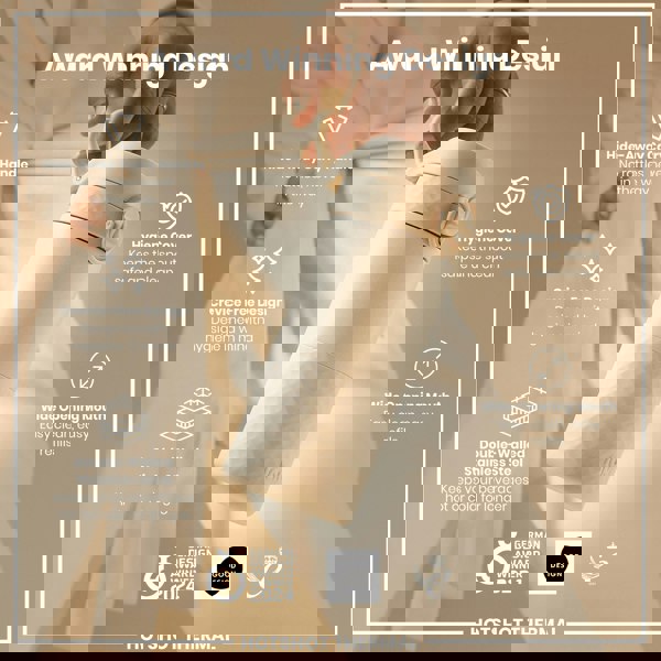 A light beige thermal bottle is being held; its features, including a hide-away handle and wide mouth, are highlighted against a blurred beige background. "Award Winning Design" is prominently displayed. Additional text describes features such as crevice-free design, hygiene cover, and double-walled stainless steel construction. The bottle also boasts 2024 German Design Award and Good Design award logos.