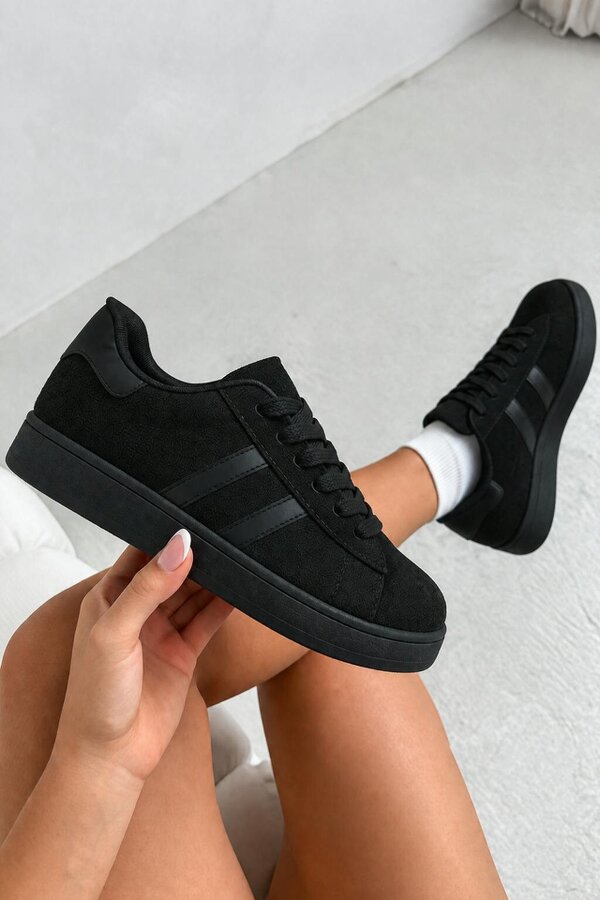 Love Lemonade Classic Faux Suede Lace-Up Stripe Trainers All Black