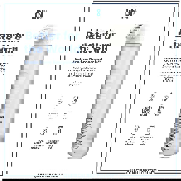 A water bottle sits against a white background. It is made from a plant-based polymer and is dishwasher safe. The bottle is labeled “ION8 Motivator”.