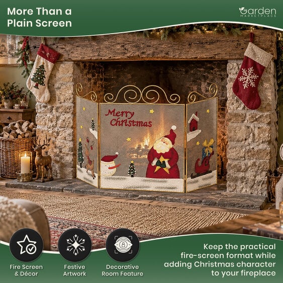 Merry Christmas Metal Fire Guard with Santa, Large 3 Panel Hinged Steel Fireplace Screen, Decorative Safety Guard or Cover, 98cm Wide x 69cm Tall
