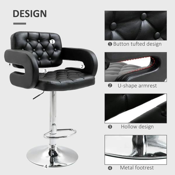 Black tufted PU leather bar stool with U-shaped armrests and hollow base design